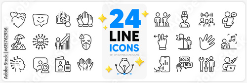 Icons set of Vaccination appointment, Employee result and Voicemail line icons pack for app with Leadership, Bid offer, Teamwork thin outline icon. Cyber attack, Touchscreen gesture. Vector