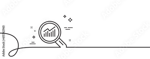 Chart line icon. Continuous one line with curl. Report graph or Sales growth sign in Magnifying glass. Analysis and Statistics data symbol. Data analysis single outline ribbon. Vector