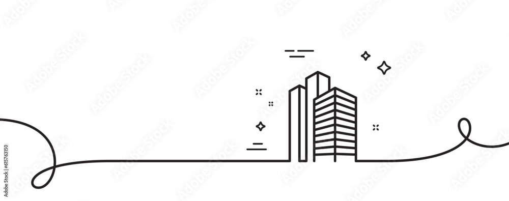 Skyscraper buildings line icon. Continuous one line with curl. City architecture sign. Town symbol. Skyscraper buildings single outline ribbon. Loop curve pattern. Vector Skyscraper buildings line icon. Continuous one line with curl. City architecture sign. Town symbol. Skyscraper buildings single outline ribbon. Loop curve pattern. Vector