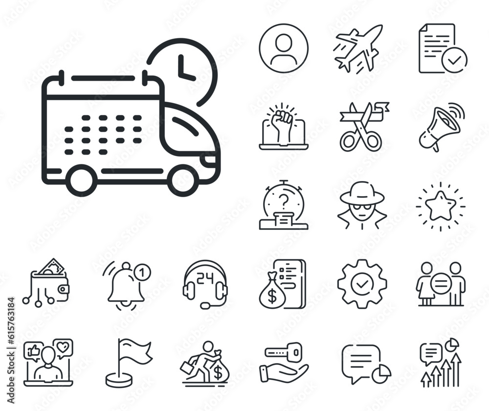Logistics calendar sign. Salaryman, gender equality and alert bell outline icons. Delivery schedule line icon. Cargo reminder symbol. Delivery line sign. Spy or profile placeholder icon. Vector Logistics calendar sign. Salaryman, gender equality and alert bell outline icons. Delivery schedule line icon. Cargo reminder symbol. Delivery line sign. Spy or profile placeholder icon. Vector