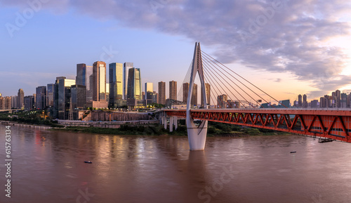 Panoramic view of city skyline and modern buildings in Chongqing at sunrise, China.