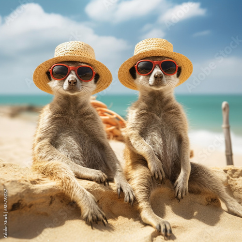 Photo Two funny brown meerkats in straw hats on a sandy beach against a blue sea backg