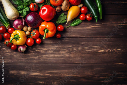 Background with copy space. Vegetables on a wooden background, top view. AI generative.