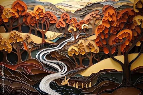 Illustration of abstract fantasy fairy-tale landscape with river, trees and hills