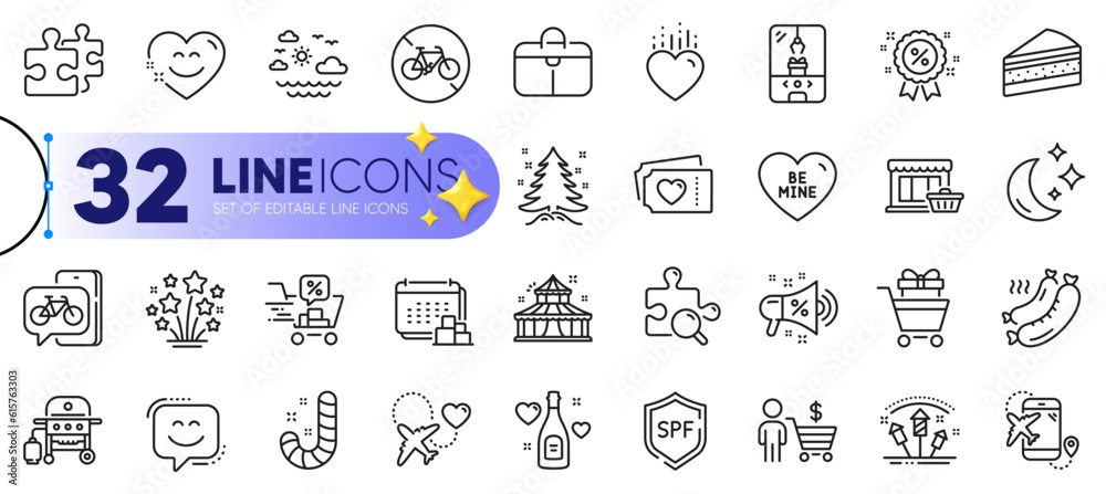Outline set of Moon, Christmas tree and Marketplace line icons for web with Cake, Circus, Shopping trolley thin icon. Honeymoon travel, Smile chat, Bike app pictogram icon. Vector