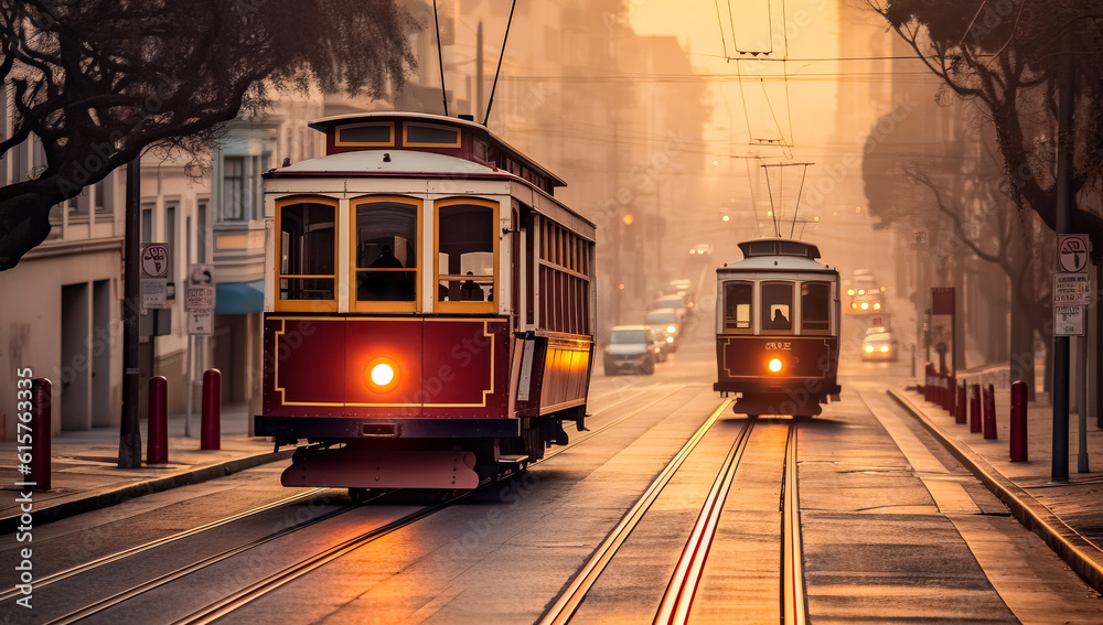Two historic trams pass through city center in morning sun haze