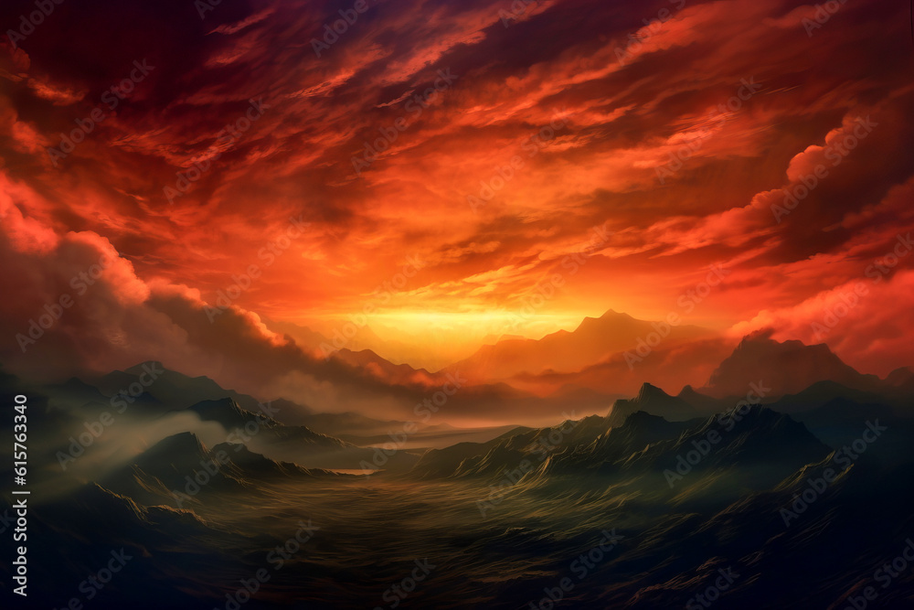 Abstract landscape with mountains and very dramatic cloudy sunset or sunrise sky