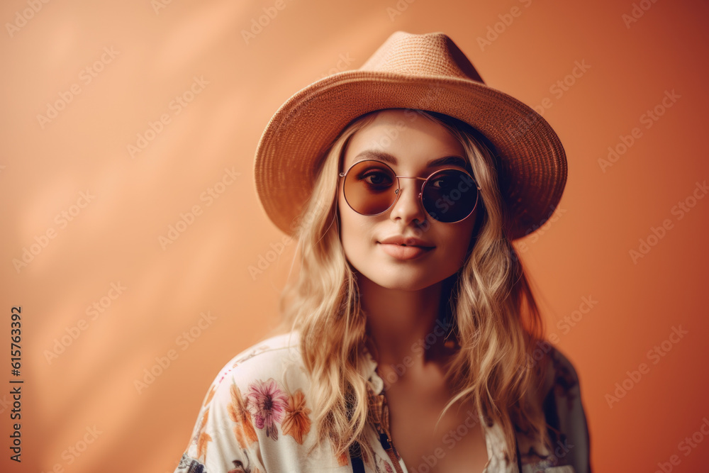 Attractive lovely young woman in sunglasses and hat standing over pink background. Generative AI Attractive lovely young woman in sunglasses and hat standing over pink background. Generative AI