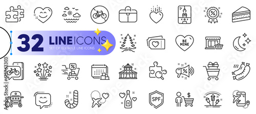 Outline set of Moon, Christmas tree and Marketplace line icons for web with Cake, Circus, Shopping trolley thin icon. Honeymoon travel, Smile chat, Bike app pictogram icon. Vector