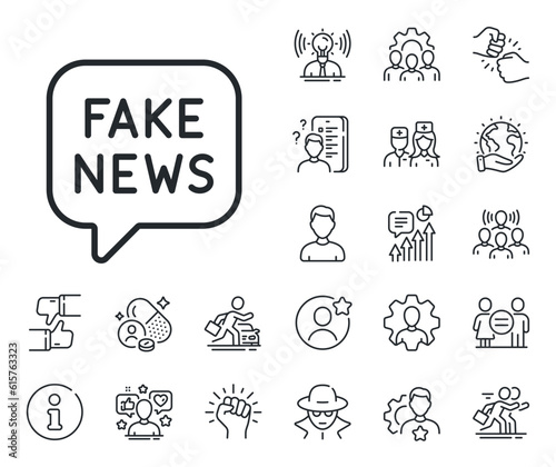 Propaganda conspiracy chat sign. Specialist, doctor and job competition outline icons. Fake news line icon. Wrong truth symbol. Fake news line sign. Avatar placeholder, spy headshot icon. Vector