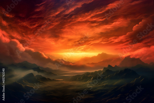 Abstract landscape with mountains and very dramatic cloudy sunset or sunrise sky