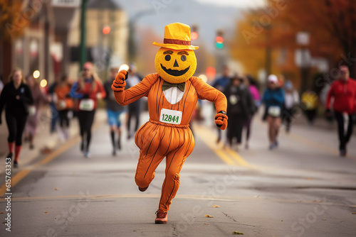 Character dressed as a pumpkin runs down the street with a marathon. Generative AI. 