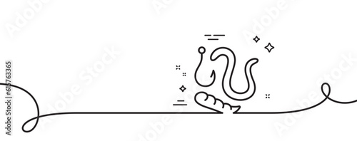 Maggots lure line icon. Continuous one line with curl. Fishing hook with worms sign. Fishhook bait symbol. Worms single outline ribbon. Loop curve pattern. Vector