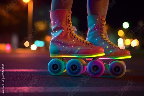Close-Up of Colorful 80's Roller Skates on Nighttime Feet. AI