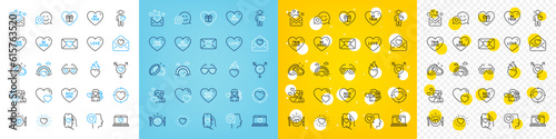 Vector icons set of Heart flame, Heart and Dating app line icons pack for web with Love, Romantic talk, Love letter outline icon. Be good, Genders, Valentine pictogram. Be true. Vector