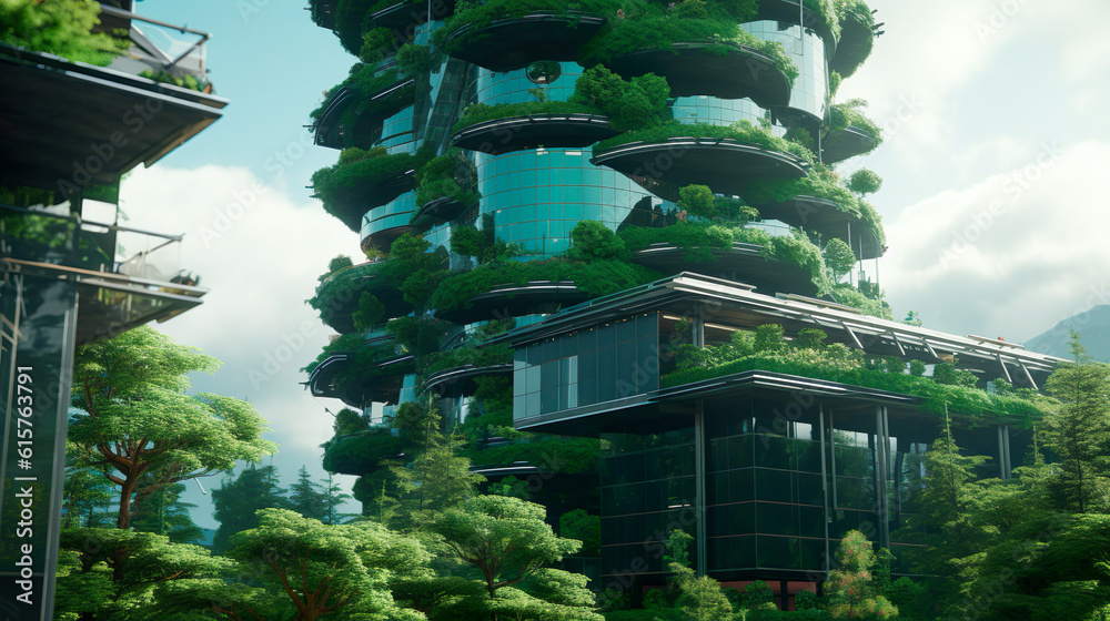 緑化された未来の建物のイメージ　Generative AI