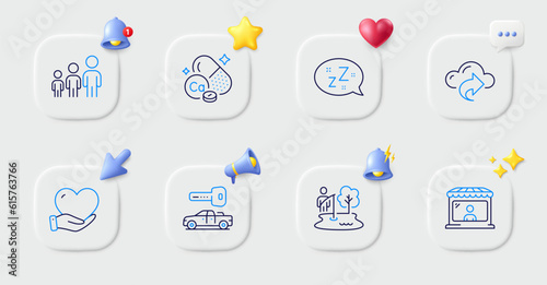 Business hierarchy, Fishing place and Cloud share line icons. Buttons with 3d bell, chat speech, cursor. Pack of Calcium mineral, Volunteer, Car key icon. Market seller, Sleep pictogram. Vector photo