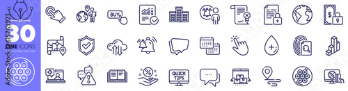 Online shopping, Message and World planet line icons pack. Outsource work, Place, Online storage web icon. User notification, Map, Confirmed pictogram. Education, Cable section, Bell. Vector
