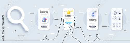 Question mark, Phone photo and Change money line icons pack. Phone screen mockup with 3d star, alert and chat message. 24 hours, Psychology, Coffee cup web icon. Vector