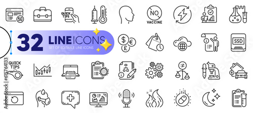 Outline set of Portfolio, Tutorials and Sick man line icons for web with Microphone, Cloud computing, Analytics graph thin icon. Discrimination, Time management, Moon pictogram icon. Vector