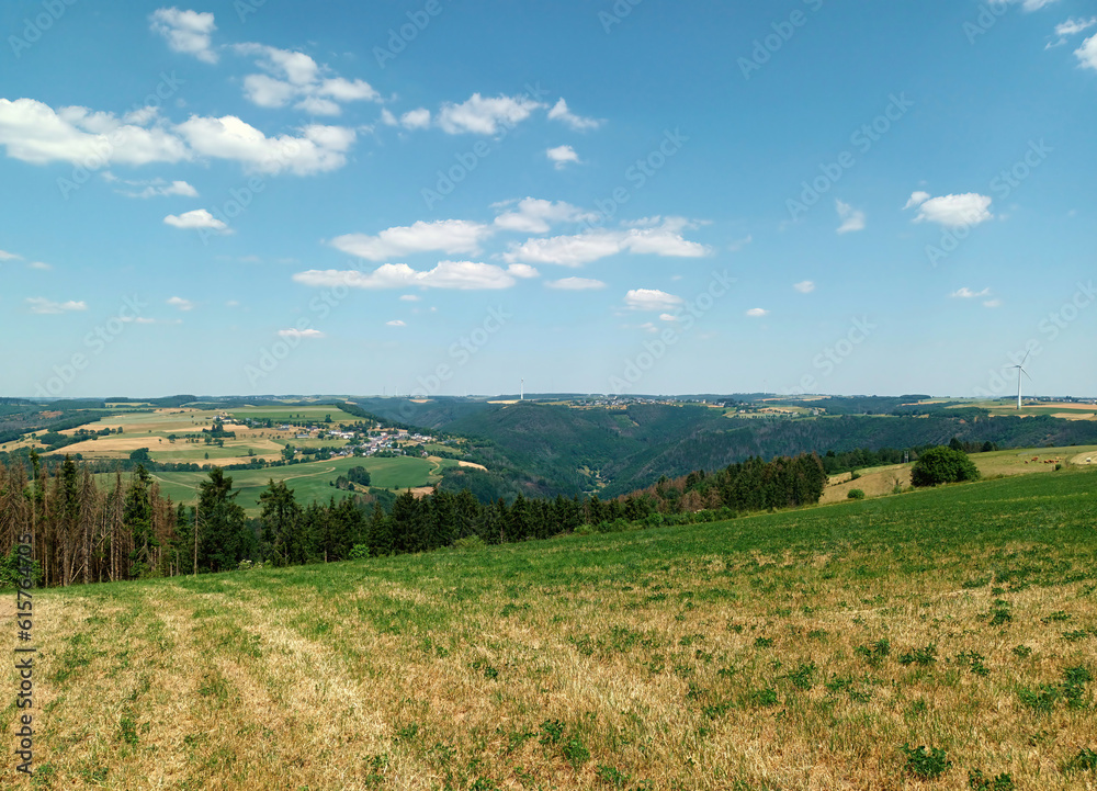 Blick ins Tal der Sauer in der Nähe von Bourscheid im Norden von Luxemburg in den luxemburgischen Ardennen auf dem Wanderweg Escapardenne Lee Trail.