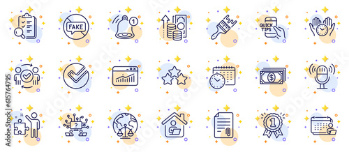 Outline set of Accounting, Strategy and Attachment line icons for web app. Include Calendar time, Magistrates court, Inspect pictogram icons. Ranking stars, Verify, Website statistics signs. Vector