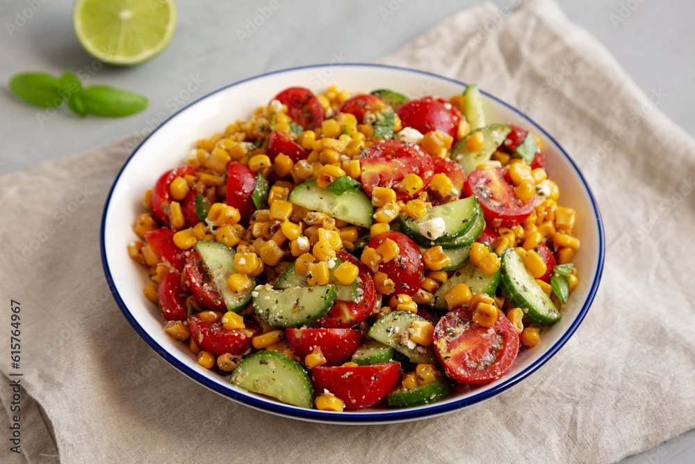 Summer Homemade Corn Salad with Cucumber and Feta, side view. Summer Homemade Corn Salad with Cucumber and Feta, side view.
