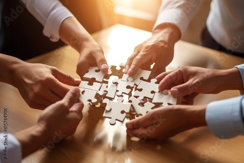 Diverse Corporate Office Workers Collaborating: Hands Connecting Puzzle Pieces Symbolizing Partnership and Teamwork. AI
