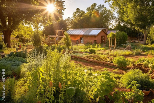 Permaculture garden showcasing regenerative agricultural practices, Natural climate solutions, nature background Generative AI