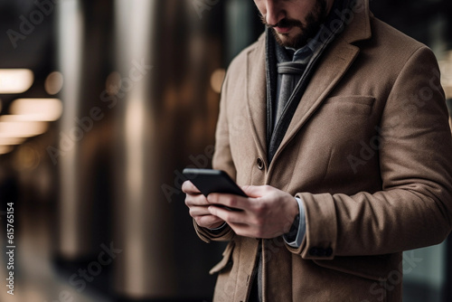 Midsection of well dressed businessman using smartphone
