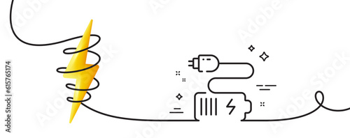 Battery plug line icon. Continuous one line with curl. Charge accumulator sign. Electric power symbol. Battery single outline ribbon. Loop curve with energy. Vector