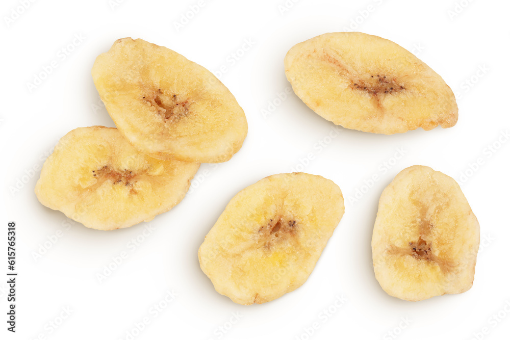 Dried banana chips isolated on white background with full depth of field. Top view. Flat lay Dried banana chips isolated on white background with full depth of field. Top view. Flat lay