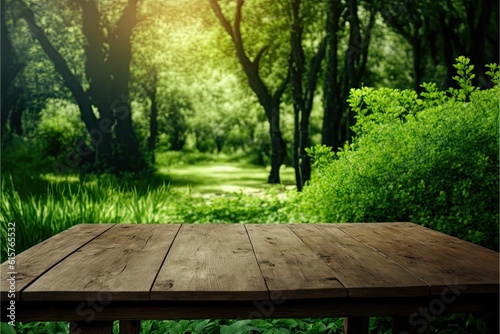 Empty wooden table in nature green garden outdoor product. Glorious Generative AI.