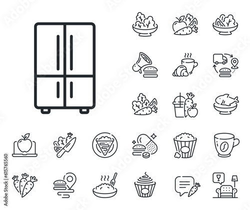 Fridge sign. Crepe, sweet popcorn and salad outline icons. Two-chamber refrigerator line icon. Freezer storage symbol. Refrigerator line sign. Pasta spaghetti, fresh juice icon. Supply chain. Vector