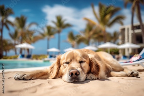 Golden Retriever Enjoying a Summer Vacation at a Seaside Resort in Hawaii. AI