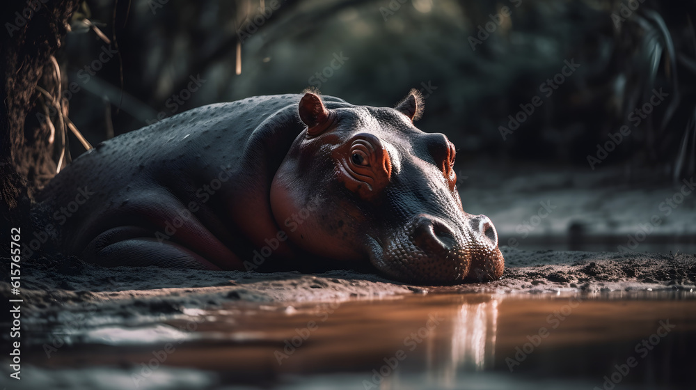 Fototapeta premium Hippopotamus in its Natural Habitat. Generative AI