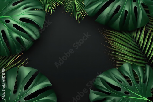 Background with copy space. Palm leaves on a black background. AI generative.