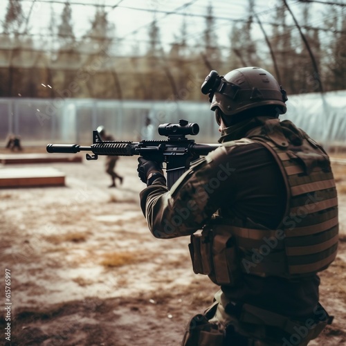 Soldier Aiming Assault Rifle at Outdoor Shooting Range - Back View. AI