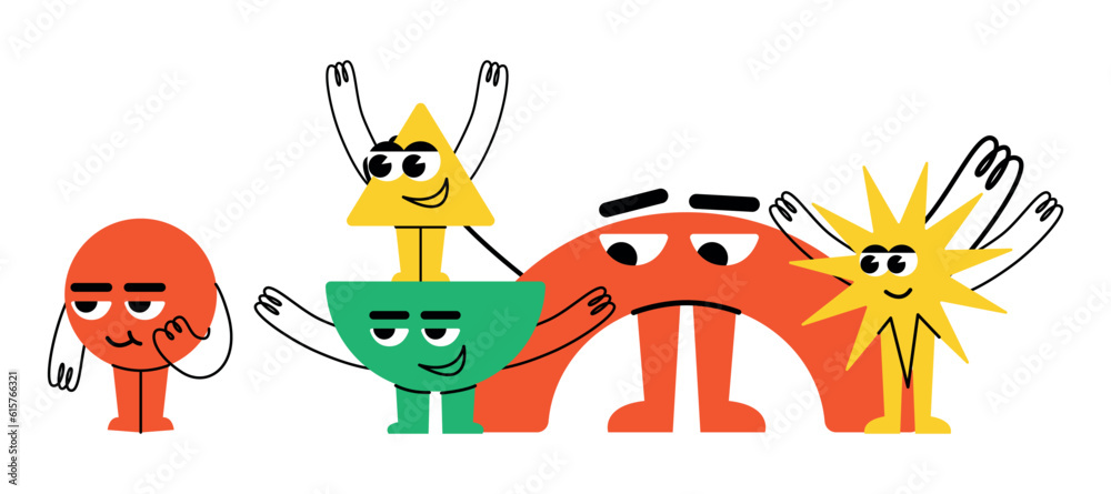 Set of Various bright basic Geometric Figures with face emotions, hands and legs. Different shapes. Vector illustration for kids isolated on background. Cute funny characters.