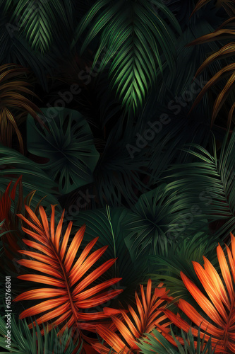 Vertical background with copy space. Palm leaves. AI generative.