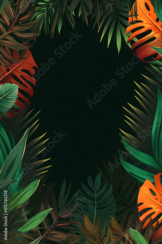 Vertical background with copy space. Palm leaves on a black background. AI generative.