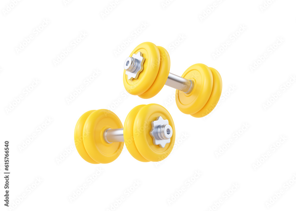 Fototapeta premium Dumbbell 3d render icon - yellow fitness equipment, simple gym barbell and fit execise accessories for muscle