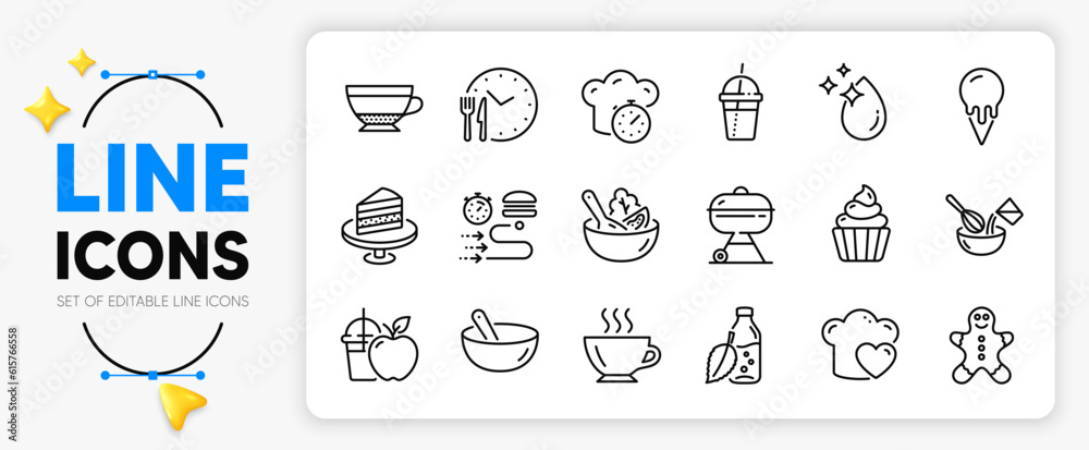 Gingerbread man, Food delivery and Cooking timer line icons set for app include Ice cream, Grill, Love cooking outline thin icon. Dry cappuccino, Cupcake, Food time pictogram icon. Vector