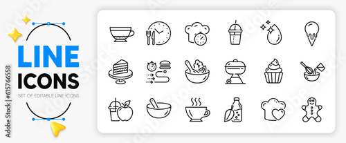 Gingerbread man, Food delivery and Cooking timer line icons set for app include Ice cream, Grill, Love cooking outline thin icon. Dry cappuccino, Cupcake, Food time pictogram icon. Vector