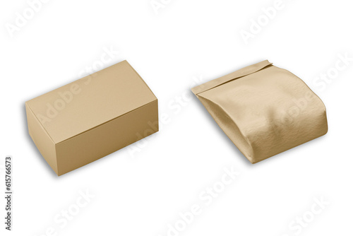 Kraft paper box and bag packaging mockup isolated on white background. take away or food delivery box and bag, fast food package. 3d rendering.grab and go concept.eco friendly and zero waste. © Leyla