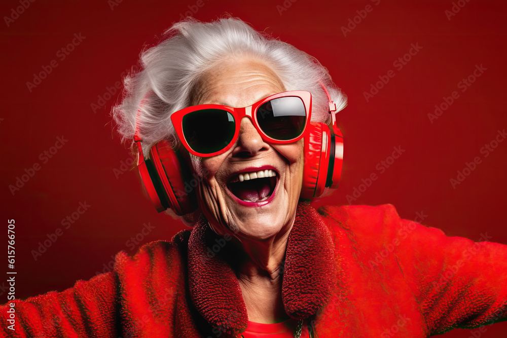 Happy Elderly Woman with HeadPhones in Red Happy Elderly Woman with HeadPhones in Red