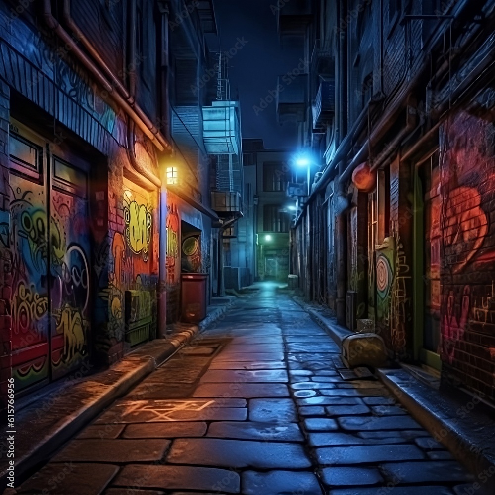 Fototapeta premium a dark alley with graffiti on the walls
