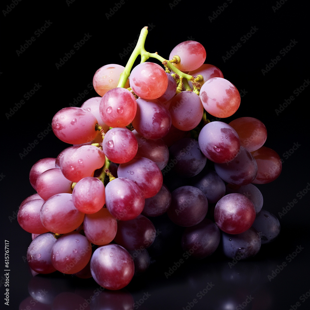 a fresh sprig of red grapes on a black background