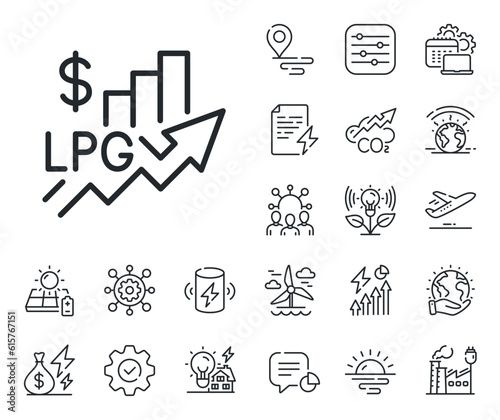 LPG excise duty sign. Energy, Co2 exhaust and solar panel outline icons. Rise price line icon. Gas tax rate symbol. Rise price line sign. Eco electric or wind power icon. Green planet. Vector