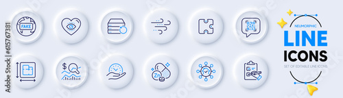Floor plan, Recovery server and Check investment line icons for web app. Pack of Zinc mineral, Safe time, Windy weather pictogram icons. Puzzle, Qr code, Home facility signs. Fake news. Vector